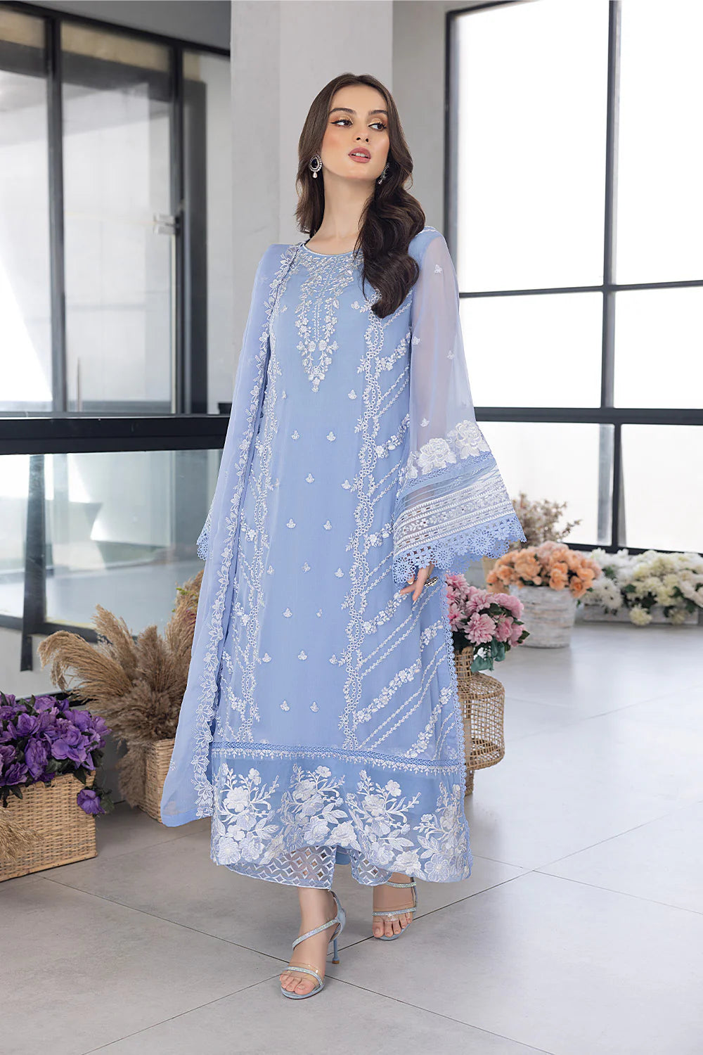 Grey Chiffon 3 PC Embroidered Dress LF-011