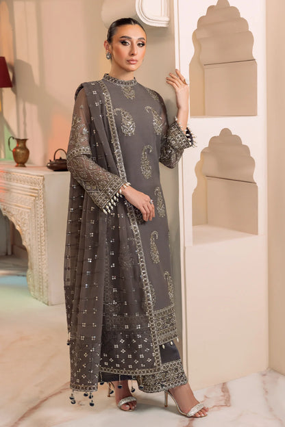 Grey Embroidered Chiffon Dress LF-026