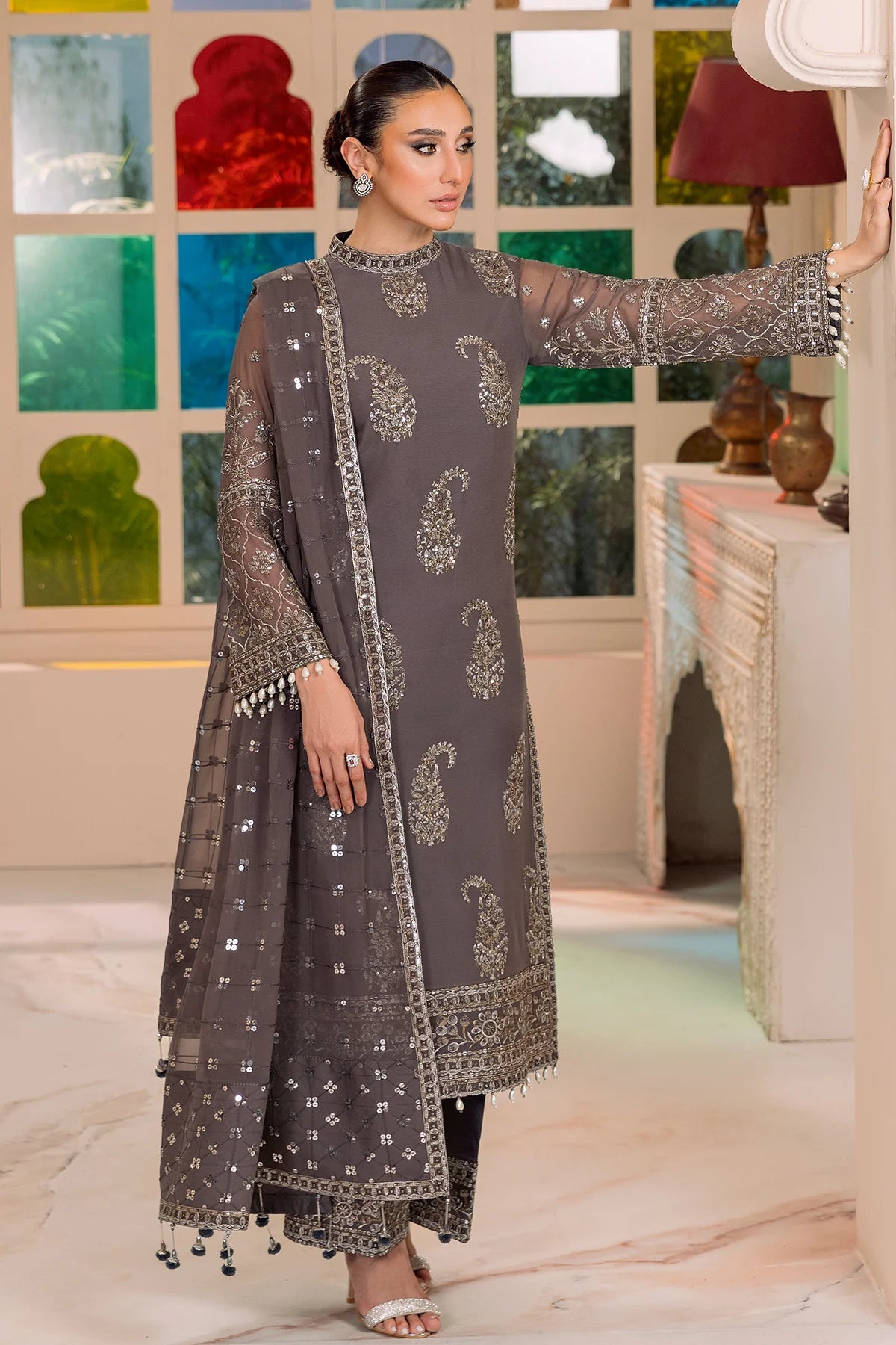 Grey Embroidered Chiffon Dress LF-026