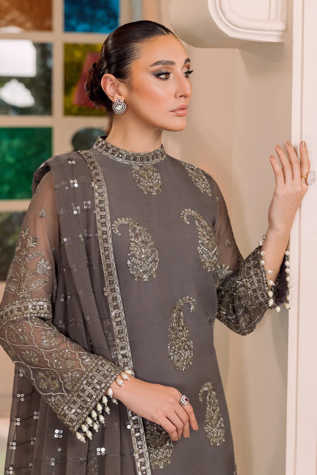 Grey Embroidered Chiffon Dress LF-026