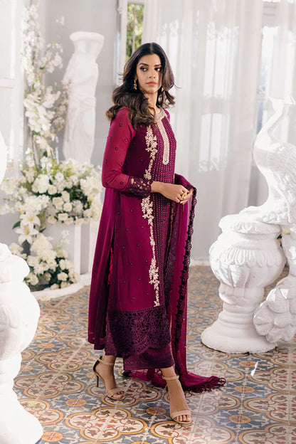 Burgundy Chiffon Embroidered Dress LF-015