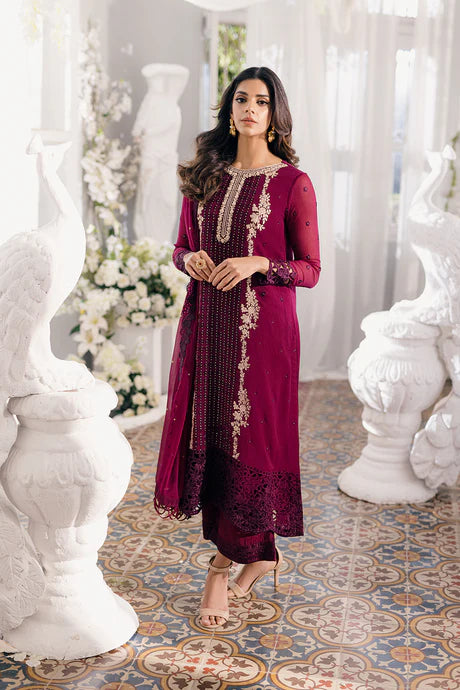 Burgundy Chiffon Embroidered Dress LF-015