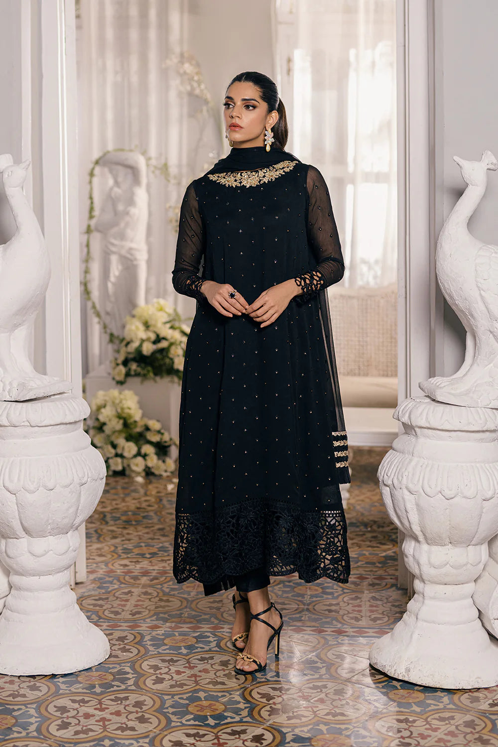 Black Chiffon Embroidered Dress LF-016