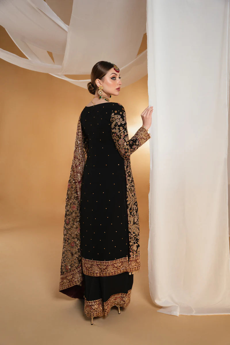 Black Embroidered Chiffon Formal Dress LF-032